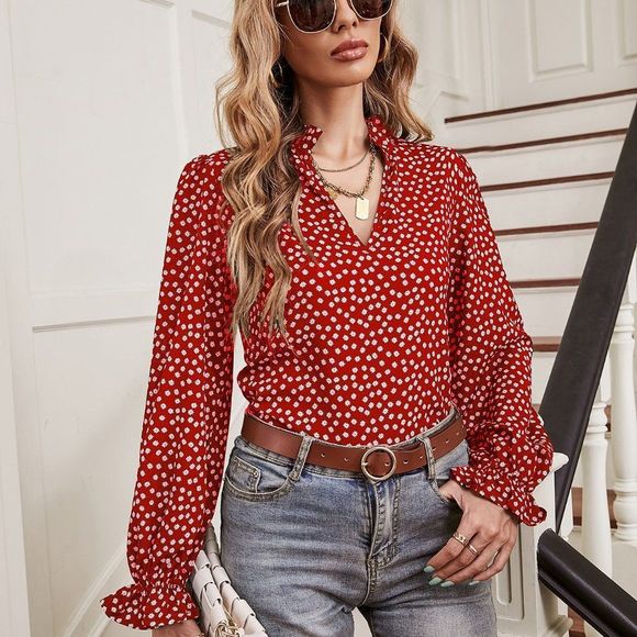 New Ditsy Floral Print Notch Neck Flounce Sleeve Blouse Red and White - Picture 5 of 5
